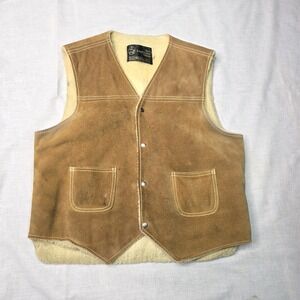 Vtg Thrashed Leather Shop Vest Mens Large Suede Sherpa Western Cowboy Sears